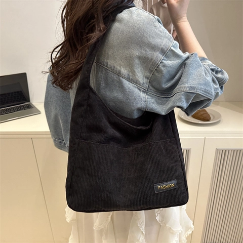 Bolso Tote de Pana Vintage para Mujer Gran Capacidad Bolso de Hombro Color Sólido Minimalista Bolso Hobo Versátil para Diario