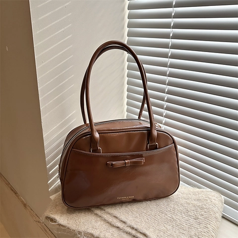 Vintage Bow Knot Women PU Leather Shoulder Bag Large Capacity Glossy Tote Bag Casual Underarm Bag Fashion Handbag For Women