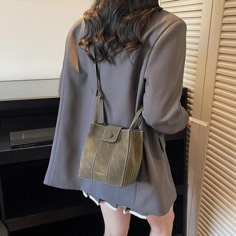 Bolso de Cubo de Cuero PU Vintage con Costuras de Contraste para Mujer Bolso de Hombro Retro Verde Bolso Moda Diario