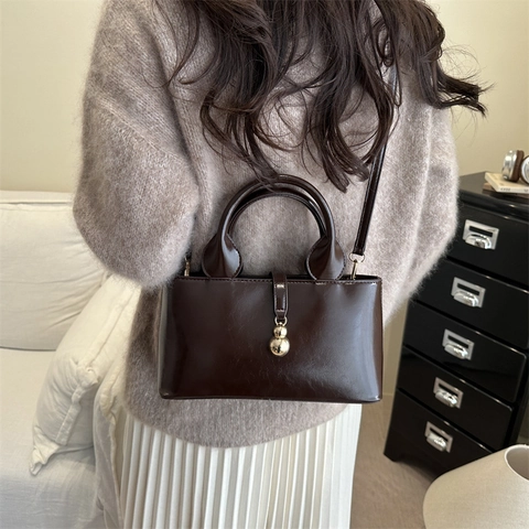 Women Glossy PU Leather Handbag Elegant Square Shoulder Bag With Golden Gourd Pendant Versatile Commuter Top Handle Bag