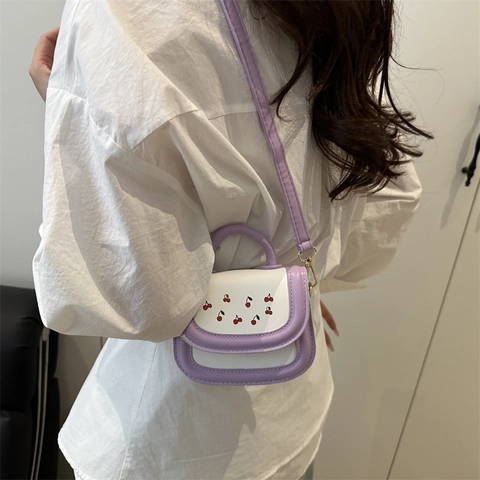 Mini Borsa a Tracolla in Pelle PU con Motivo a Ciliegia per Donna Ragazza Dolce Colore a Contrasto Borsa a Spalla