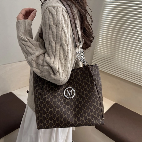 Women Fashion Monogram Letter Print Large Capacity Synthetic Leather Shoulder Bag With Chain Strap Handbag Commuting Tote