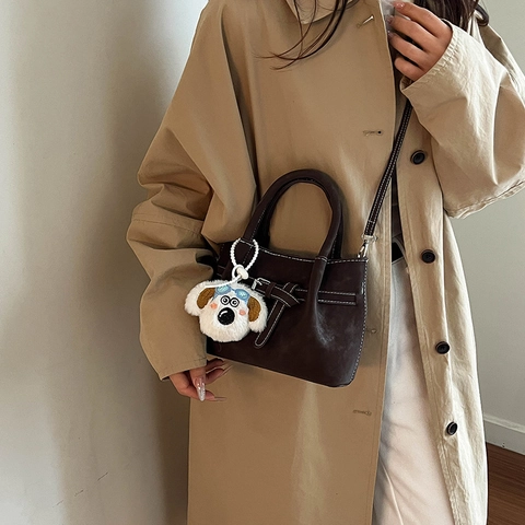Women Frosted PU Leather Bucket Bag Minimalist Contrast Stitching Belt Buckle Shoulder Crossbody Bag Handbag With Plush Charm