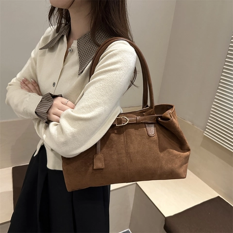 Vintage Large Capacity Suede Tote Bag For Women Retro Matte Frosted Shoulder Bag Solid Color Casual Office Underarm Bag