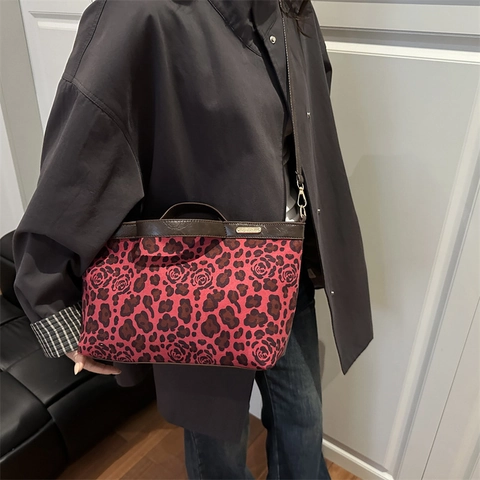 Borsa a Tracolla Vintage con Stampa Leopardata e Rose Donna Grande Capacità Tela Pelle PU Borsa a Mano Casual Pendolarismo Borsa a Tracolla