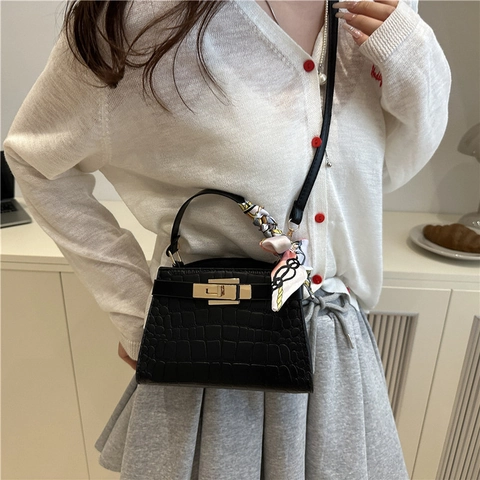 Crocodile Embossed PU Leather Shoulder Bag For Women Trapezoid Handbag With Decorative Scarf Daily Commute Square Purse