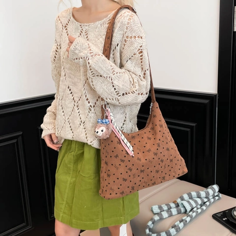 Women Korean Style Corduroy Bowknot Heart Print Underarm Bag Fashion Casual Large Capacity Hobo Shoulder Bag Commute Tote Handbag
