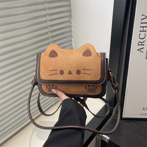 Schattige Schoudertas In Kattenvorm Voor Dames Imitatie Suèdede PU-Leer Cartoon Crossbodytas Met Verstelbare Riem Modieuze Kleine Vierkante Handtas