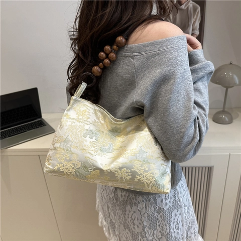 New Chinese Style Jacquard Underarm Bag For Women Vintage Brocade Shoulder Bag With Wood Bead Handle Tassel Decor Purse