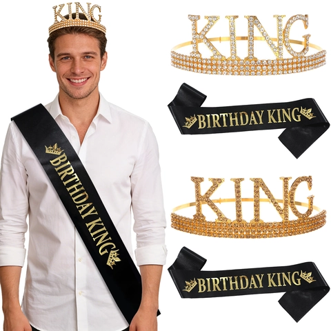 Homme Birthday King Couronne Et Écharpe En Satin Noir Décorations De Fête D'Anniversaire Alliage Strass Or Argent Coiffure Cadeau