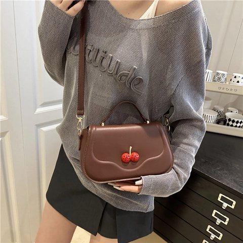 Damen Süße Kirsch-Dekor Umhängetasche Mode PU Leder Kleine Quadratische Tasche Mit Tragegriff Schultertasche Für Den Alltag