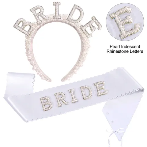 Élégant Ensemble Écharpe de Mariée en Satin Blanc Et Bandeau à Lettres en Künstliche Perles Et Strass pour Mariage Fête Accessoires Femme