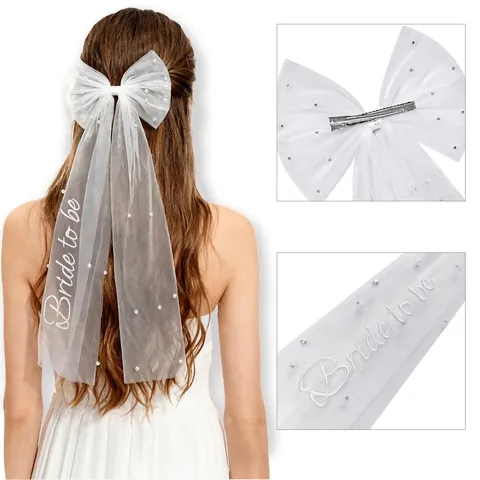 Weißer Braut Haar Bow Schleier Mit Bride To Be Stickerei Und Künstliche Perlen Elegant Netzgewebe Haarspange Für Junggesellinnenabschied Hochzeit Damen
