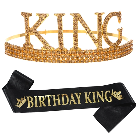 Uomo Birthday King Corona Fascia Oro Lega Strass King Tiara Nero Raso Birthday King Fascia Festa Decorazione Accessorio Regalo