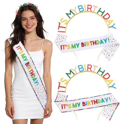 Set di Fascia Con Lettere Colorate IT'S MY BIRTHDAY e Fascia in Raso Con Paillettes Per Festa Di Compleanno Donna Accessori