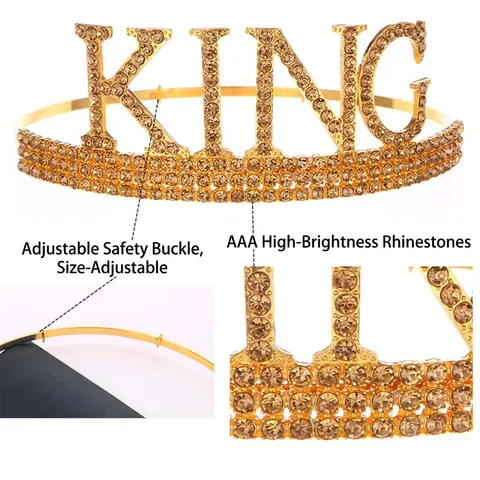 Uomo Birthday King Corona Fascia Oro Lega Strass King Tiara Nero Raso Birthday King Fascia Festa Decorazione Accessorio Regalo