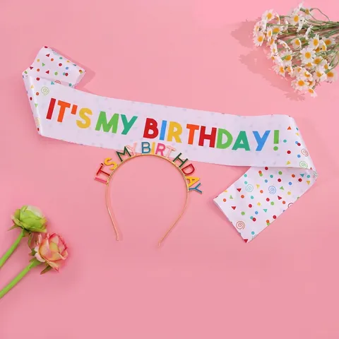Colorful IT'S MY BIRTHDAY Letters Headband And Satin Sash Set With Sequins For Birthday Party Celebration Women Accessories