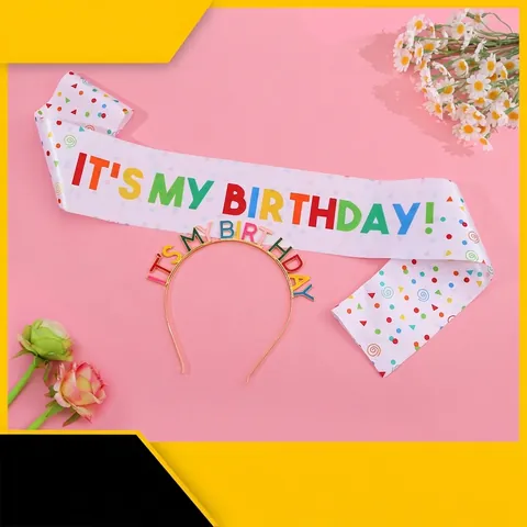 Set di Fascia Con Lettere Colorate IT'S MY BIRTHDAY e Fascia in Raso Con Paillettes Per Festa Di Compleanno Donna Accessori