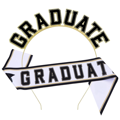 Ensemble Serre-Tête Lettres Graduate Or et Écharpe en Satin Blanc pour Décoration de Fête de Remise des Diplômes Cérémonie Accessoires de Costume