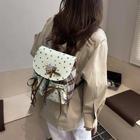 Mochila de Retazos con Estampado de Estrellas y Cuadros para Mujer Estilo Coreano Retro con Lazo Cordón Bolso de Hombro Escuela