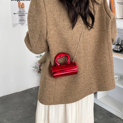 Borsa da Sera Cilindrica in Acrilico da Donna Effetto Specchio Metallico Manico a Cuore Catena Borsa a Tracolla per Banchetti e Feste