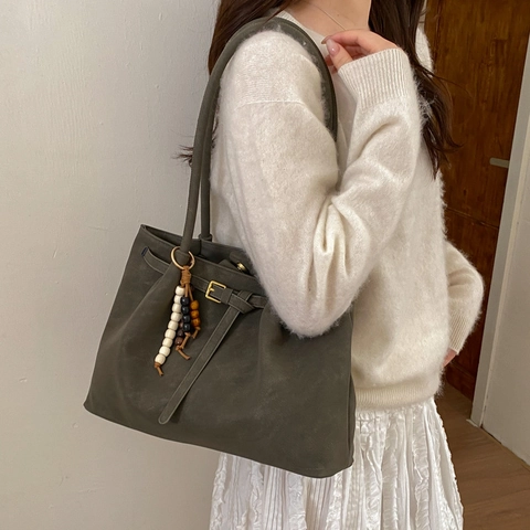 Damen Große Kapazität PU Leder Tote Bag Retro Minimalistische Umhängetasche Mit Holzperlen Anhänger Mode Handtasche