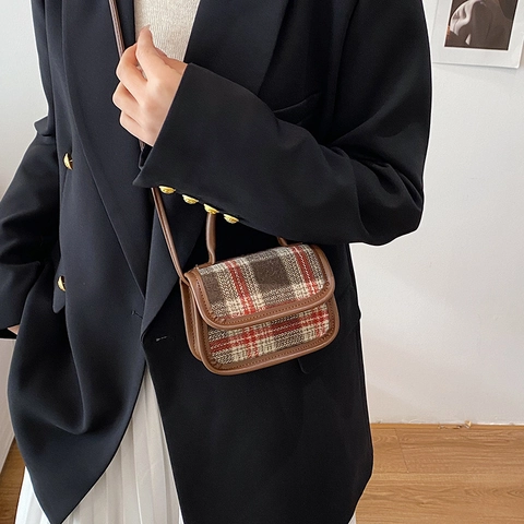 Vintage Ruitjes Mini Schoudertas Voor Dames PU Leer Gesplitst Kleine Vierkante Crossbody Tas Straat Trend Mode Handtas