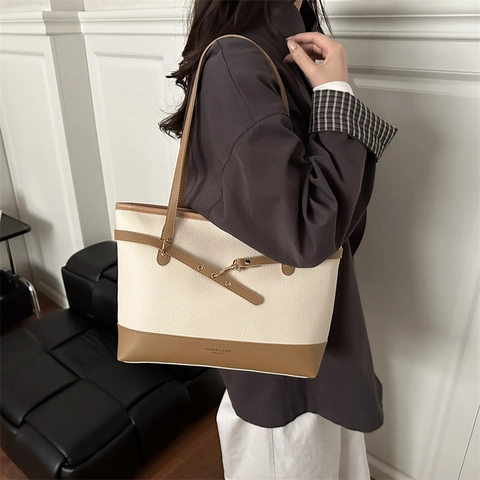 Vintage Contrast Kleur Tote Tas Grote Capaciteit PU Leer Schoudertas Trendy Litchi Textuur Pendel Werktas Voor Vrouwen