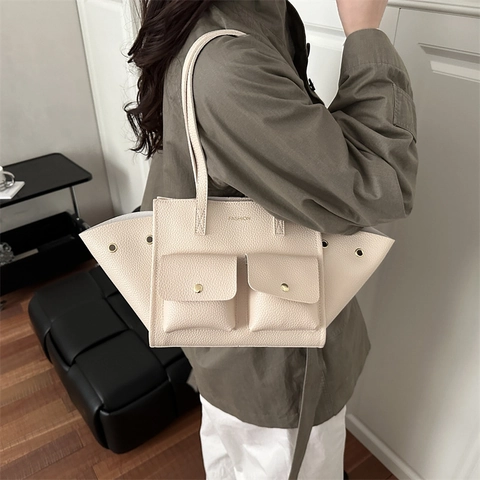 Borsa Tote Grande da Donna in Pelle PU Con Doppie Tasche Frontali Borsa a Spalla Minimalista a Forma di Ala Per Pendolari