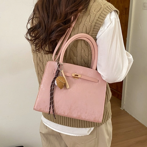 Vintage PU Leather Trapezoid Shoulder Bag For Women Minimalist Square Handbag With Baseball Charm Adjustable Strap Rotary Lock