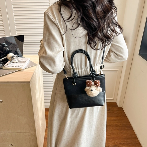 Vintage Dames Contrast Splicing Emmer Tas Met Pluche Beer Hanger Klein Retro PU Leer Schouder Crossbody Handtas Top Handvat