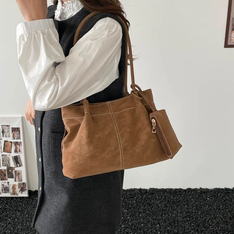 Vintage Matte PU Leder Tote Tasche Für Damen Große Kapazität Schultertasche Mit Kontrastnähten Und Kleiner Tasche Shopper