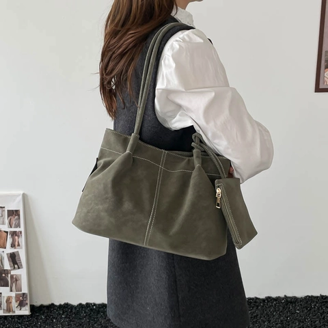 Bolso Tote de Cuero PU con Textura de Gamuza Vintage para Mujer Bolso de Hombro de Gran Capacidad Con Bolsa Costura