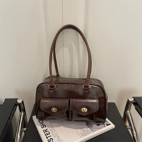 Sac à Bandoulière Boston en Cuir PU Rétro pour Femmes Tendance Urbaine Trajet Sac Sous le Bras Avec Fermoir Tourniquet en Métal Doré