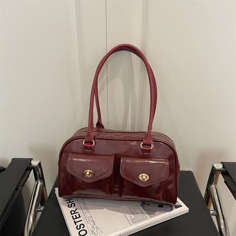 Bolso de Axila de Cuero PU Vintage para Mujer Moda Doble Bolsillo Cierre de Torsión de Metal Bolso de Hombro Casual Color Sólido