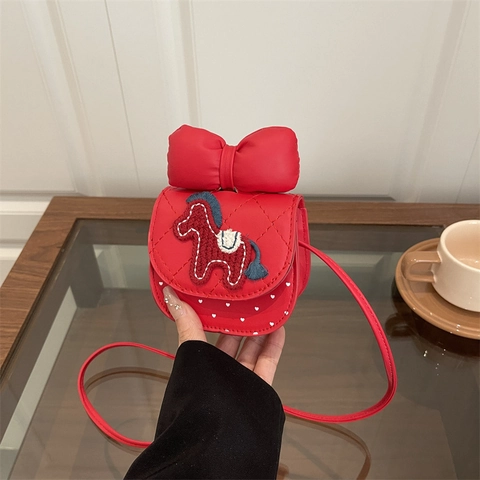 Mini Rote Umhängetasche Für Mädchen PU Leder Pferd Stickerei Schleife Gesteppt Kleine Quadratische Schultertasche Mode