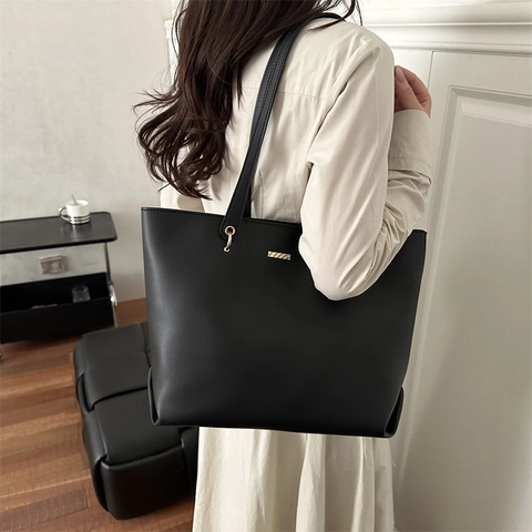Large Capacity PU Leather Tote Bag For Women Solid Color Urban Minimalist Shoulder Bag Office Commuting Handbag