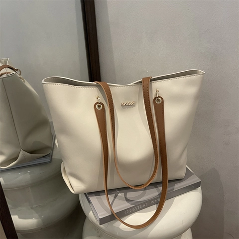 Large Capacity PU Leather Tote Bag For Women Solid Color Urban Minimalist Shoulder Bag Office Commuting Handbag