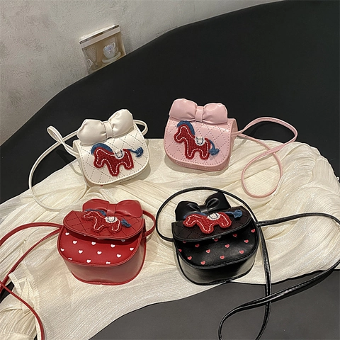 Schattige Mini PU Leren Crossbodytas Voor Meisjes Ruitvormig Gewatteerde Schoudertas Met Strik En Pony Borduursel Hart Patroon Handtas