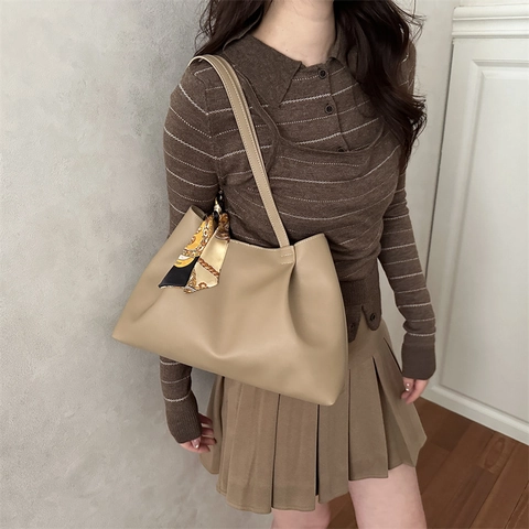 Women Large Capacity Vintage PU Leather Tote Bag Commute Shoulder Bag With Decorative Satin Scarf Solid Color Handbag For Office