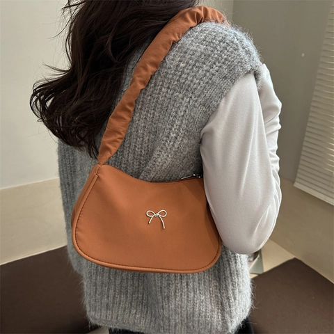 Women Sweet Butterfly Decor PU Leather Underarm Bag Fashion Ruched Handle Bow Shoulder Bag Small Square Bag For Daily Use