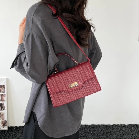 Vintage Gewebte PU Leder Quadratische Tasche Für Damen Große Kapazität Gold Twist Lock Griff Schulter Crossbody Handtasche