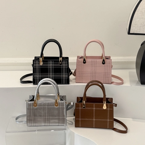 Bolso de Mano Retro de Cuero PU para Mujer Patrón de Cuadrícula Bolso Cuadrado Pequeño Minimalista Bolso de Hombro Versátil
