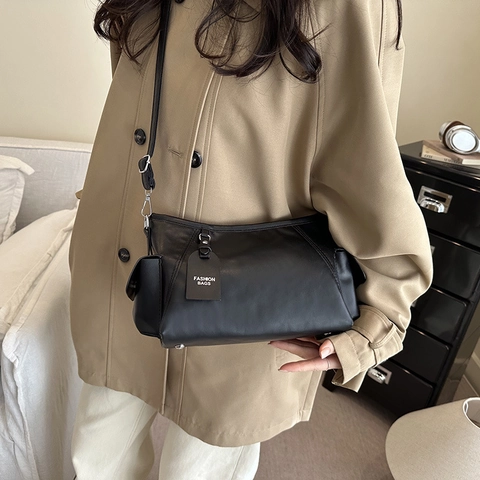 Women's Korean Minimalist PU Leather Shoulder Bag Large Capacity Solid Color Square Underarm Crossbody Bag For Daily Commute Work