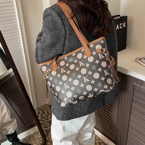 Large Capacity PU Leather Multicolor Monogram Printed Tote Bag For Women Vintage Street Style Shoulder Handbag Commuting Daily Bag