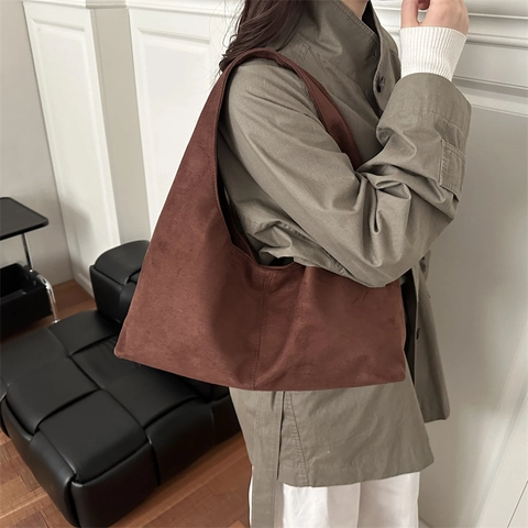 Women Vintage Suede Tote Bag Large Capacity Minimalist Hobo Shoulder Bag Commuter Casual Solid Color Frosted Leather Texture Handbag