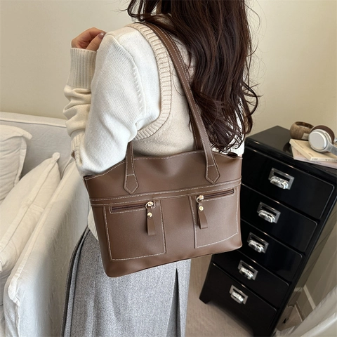 Borsa Tote in Pelle PU Vintage di Grande Capacità per Donna Borsa a Tracolla con Cuciture a Contrasto e Doppie Tasche Anteriori con Zip