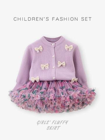 Girls Princess Tutu Dress Set Long Sleeve Knitted Cardigan With Ribbon Bow Mesh Fluffy Skirt Floral Two Piece Toddler Outfit