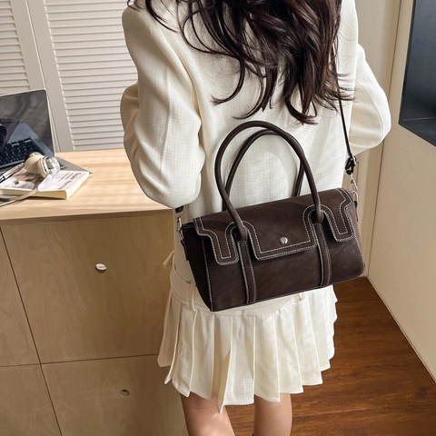 Vintage PU Leather Contrast Stitching Shoulder Bag For Women Retro Handheld Crossbody Square Purse Commuting Fashion Handbag