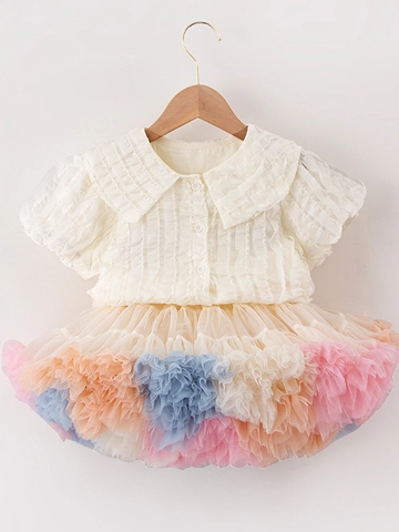 Peuter Meisjes Regenboog Tutu Rok Wit Peter Pan Kraag Shirt Mesh Ruches Tweedelig Zomer Outfit Kleding